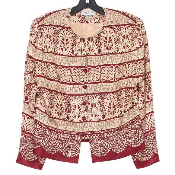 Papell Womens Jacket Vintage Silk Boho Romantic Artsy Button Red Cream Size 12 - Picture 1 of 8